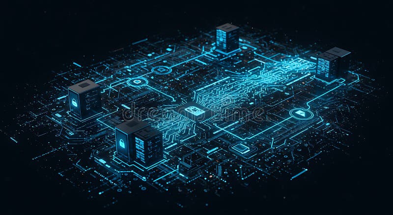 A futuristic digital rendering depicting a glowing, blue circuit board with stock illustration