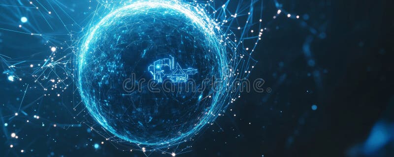 Futuristic digital representation of Earth surrounded by data networks stock photography