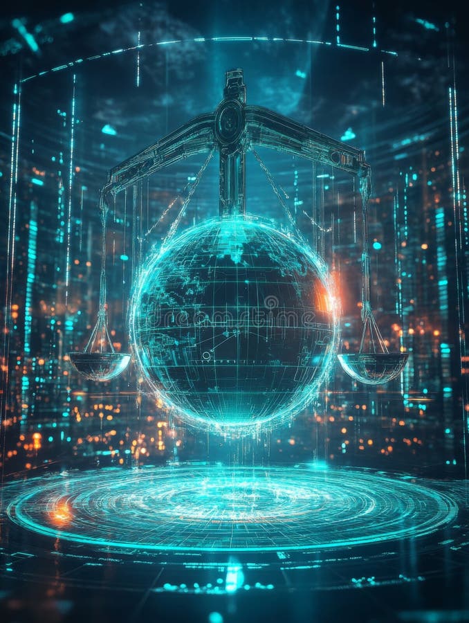 digital illustration showing scales of justice transformed into interactive network diagram with colored nodes representing different justice principles
