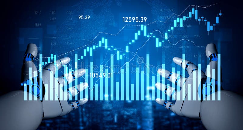 Futuristic robot hands emerging from digital background, displaying stock market trends with graphs and charts in blue stock photography