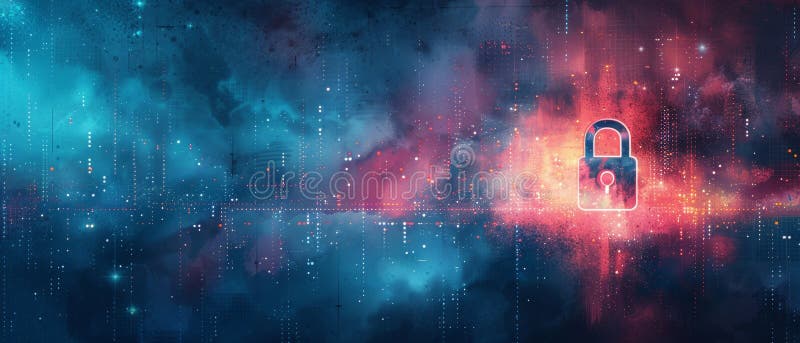 Futuristic digital security background with a glowing padlock, symbolizing cybersecurity and data protection in a technology- stock illustration