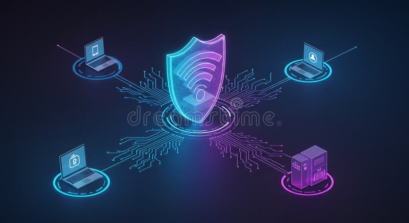 Futuristic digital security concept with a glowing shield icon at the center vector illustration