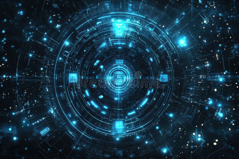 Futuristic digital shield surrounded by glowing cyber data royalty free stock photo