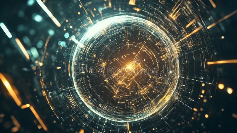 Futuristic digital sphere enveloped by a complex network of glowing lines and circuits royalty free illustration