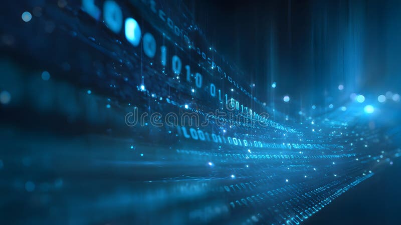 Futuristic digital stream visualizes innovation flowing through a glowing blue tech landscape vector illustration