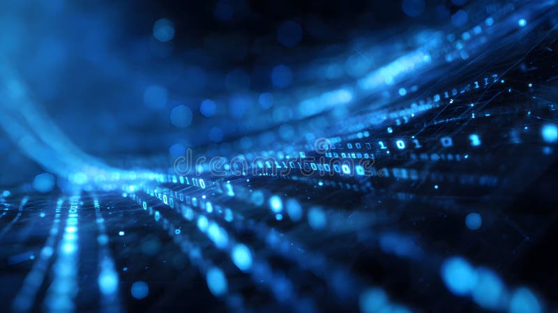 Futuristic digital stream visualizes innovation flowing through a serene blue technology background stock illustration