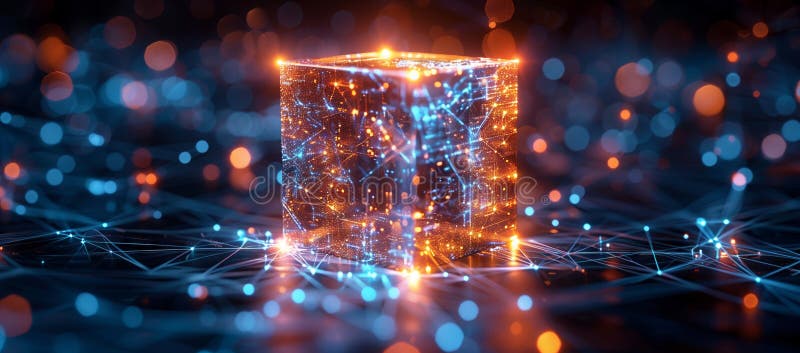 Futuristic digital technology cube with glowing blue and orange network connections, representing AI. Algorithm coding stock images, royalty-free photos and pictures