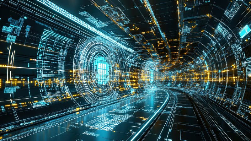 Futuristic digital tunnel with glowing lines and abstract patterns in a high-tech environment stock photo