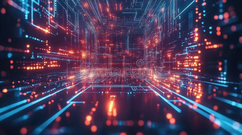 A futuristic digital tunnel with glowing lines and particles representing data flow stock illustration