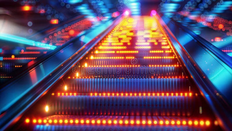 Futuristic digital tunnel: Neon lights & circuit boards for sci-fi backgrounds. , generative ai stock illustration