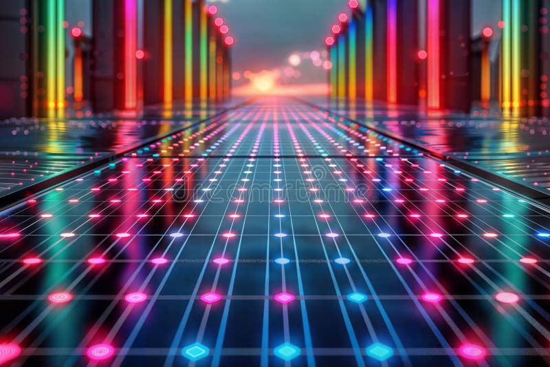 Futuristic digital tunnel with neon lights and a solar panel-like floor in abstract art, generative ai royalty free illustration