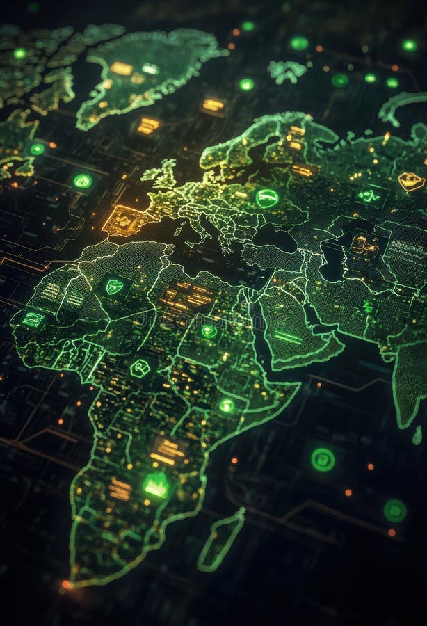 Futuristic digital world map with glowing green data icons royalty free stock photography