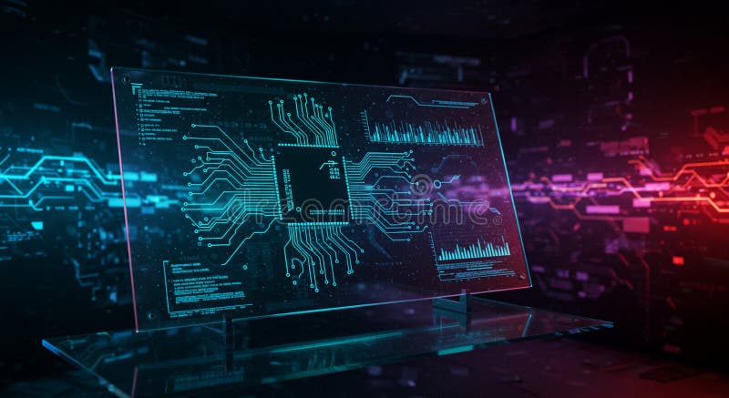 Futuristic display with glowing circuitry pattern and digital interface elements. Central stock illustration