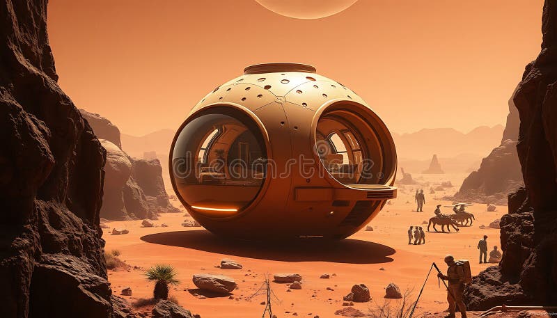 Futuristic dome city on Mars, science fiction landscape, space colony, future, Stock Photo, Generative AI royalty free illustration