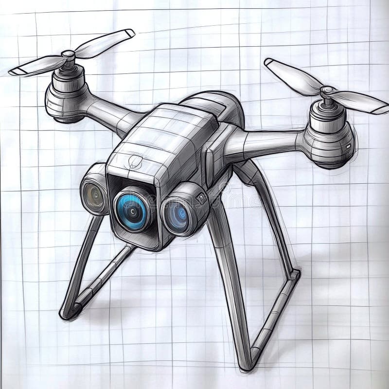Futuristic drone sketch with two cameras on graph paper background showcasing design concept royalty free illustration