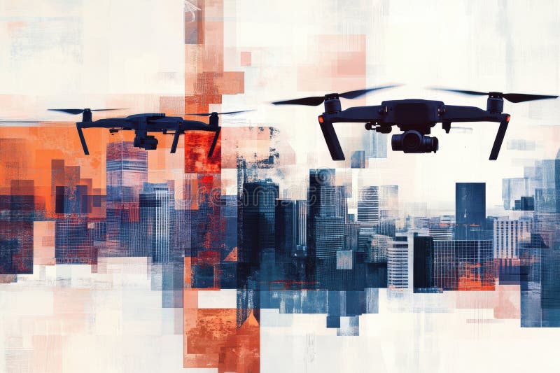 Futuristic Drones Flying Over Abstract Cityscape in Modern Digital Art. stock photo