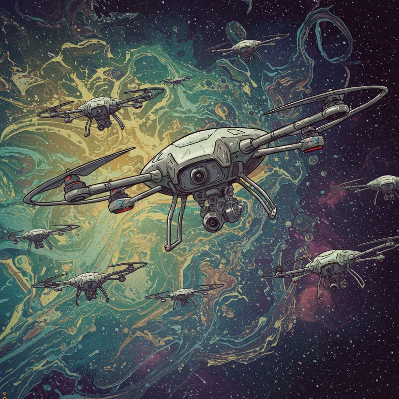 Futuristic drones hover in a cosmic environment, featuring swirling, colorful nebulae. vector illustration