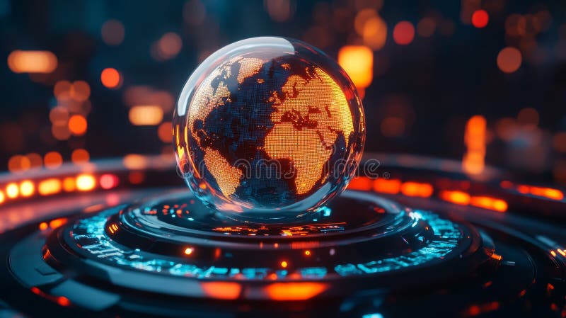 A futuristic Earth globe is illuminated with orange grid data on a circular technological platform, exemplifying global royalty free stock image