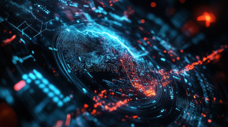 Futuristic earth rotating with digital data flowing through cyberspace stock images