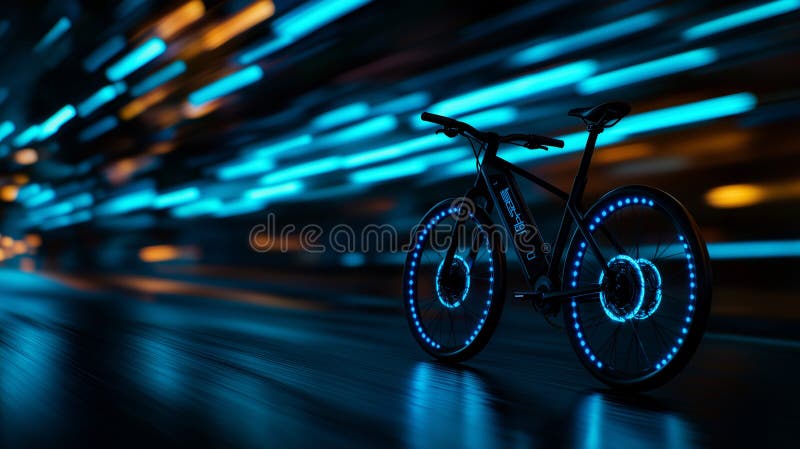 Futuristic electric bicycle with glowing wheels in motion, showcasing modern design and technology. vibrant blue lights create royalty free illustration