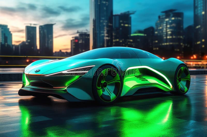 Futuristic Electric Car in a Green City Created with Generative AI