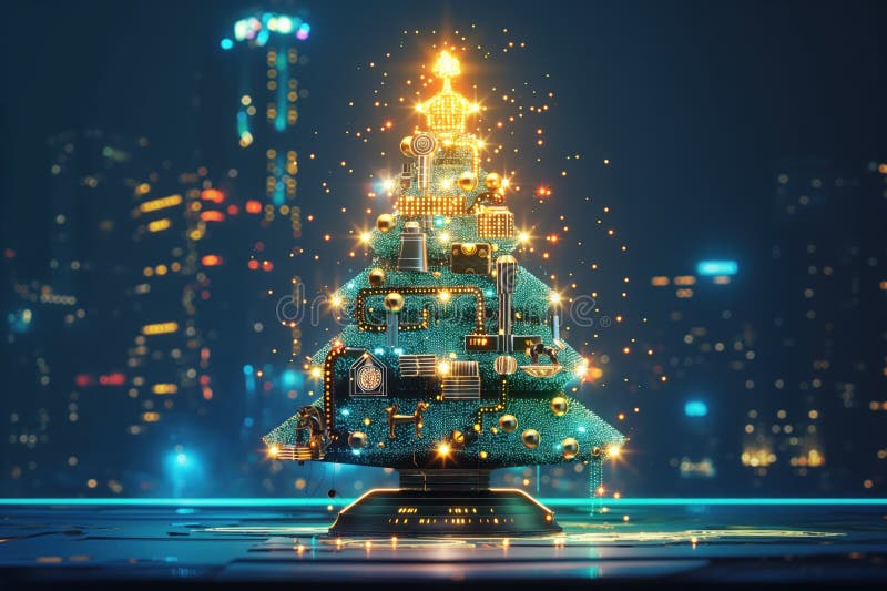 Futuristic electronic Christmas tree created with AI technology. Digital circuit board and microchip design elements form the tree structure. Blue and festive colors represent, the. AI generated