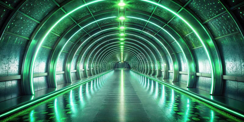 Futuristic emerald passageway illuminated tunnel with reflective floor and green neon lights. Generative AI stock illustration