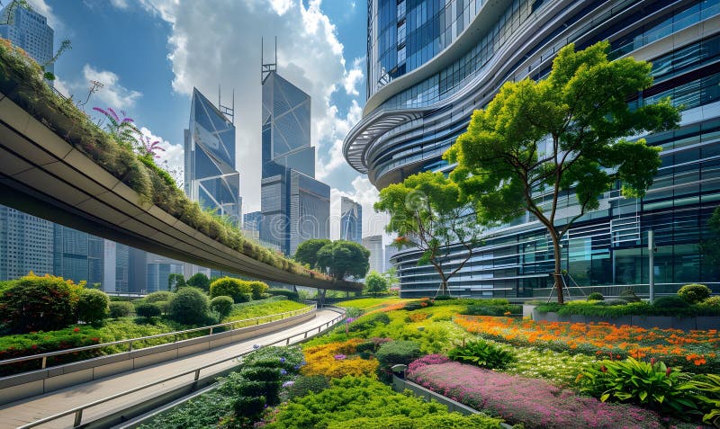 Futuristic environmentally friendly city with green spaces, Futuristic cityscape in the background stock illustration
