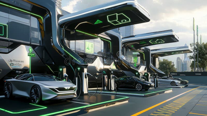 Futuristic EV charging station, city backdrop. Sustainable transport. Development ev stock images, royalty-free photos and pictures