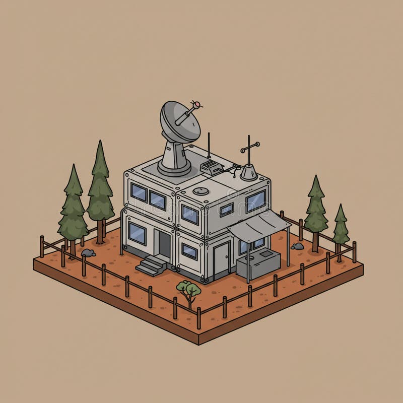 Futuristic facility depicted in a stylized isometric illustration. The structure is vector illustration