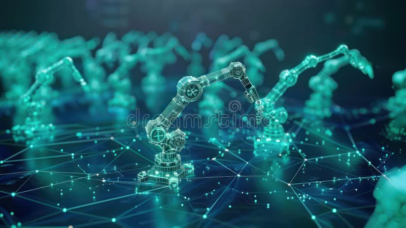 Futuristic Factory: Robot Arms at Work with Digital Communication Network royalty free illustration