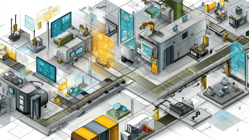 Futuristic factory with robots, advanced machinery, and smart displays working efficiently on the production line. Controls automation stock images, royalty-free photos and pictures