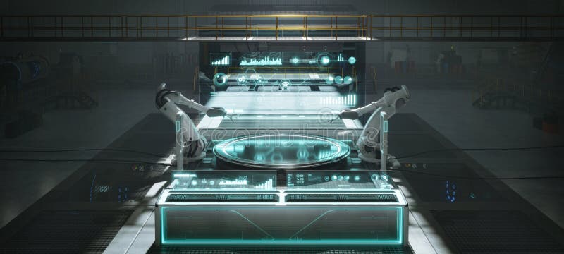Futuristic factory or workshop with assembly robot arms and virtual interface stock illustration