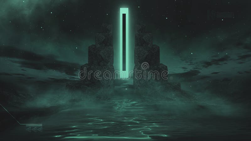 Futuristic fantasy night landscape with abstract landscape and island, moonlight, radiance, moon, neon. Dark natural scene with li