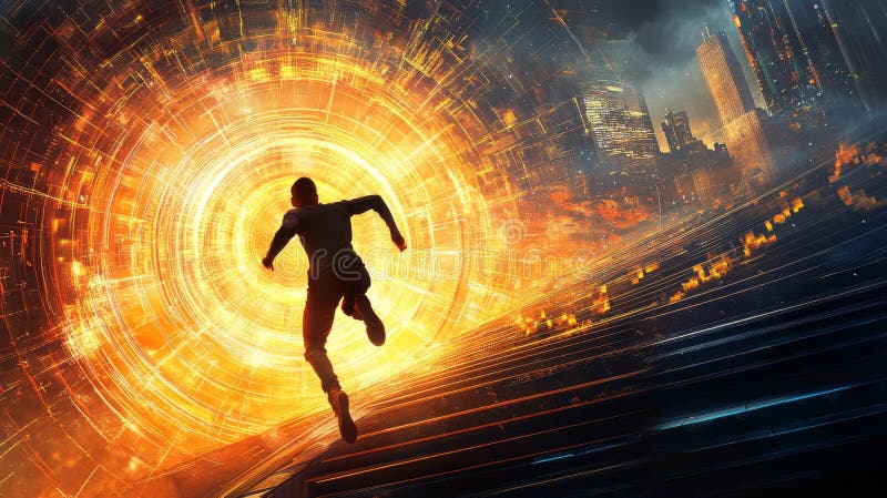 Futuristic figure leaping towards a glowing portal in a cityscape stock photos