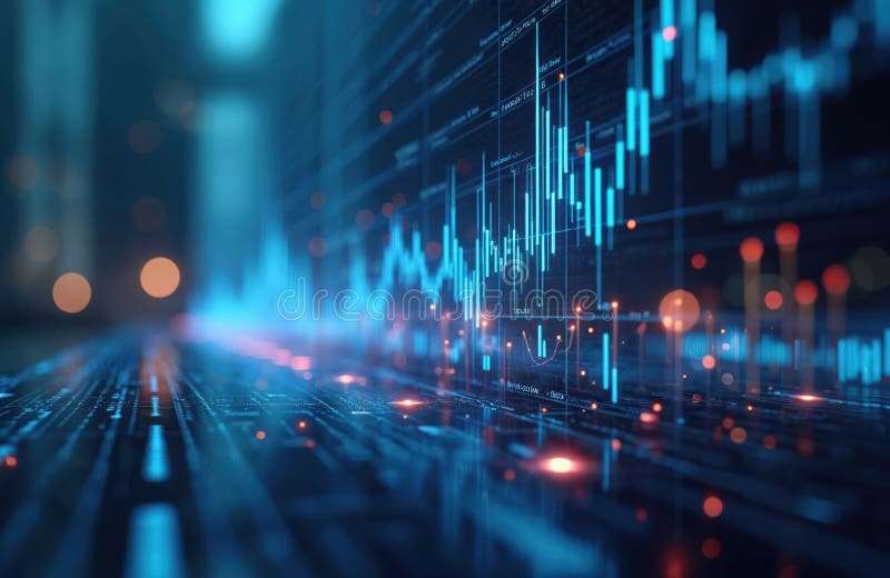 Futuristic financial data analysis visualized on glowing screen. Dynamic line graphs, charts display trends. Blurred background stock illustration