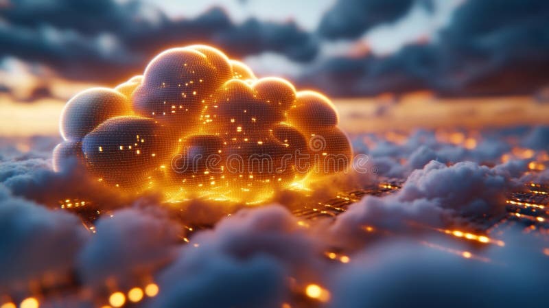 Futuristic Floating Digital Cloud Over a City vector illustration