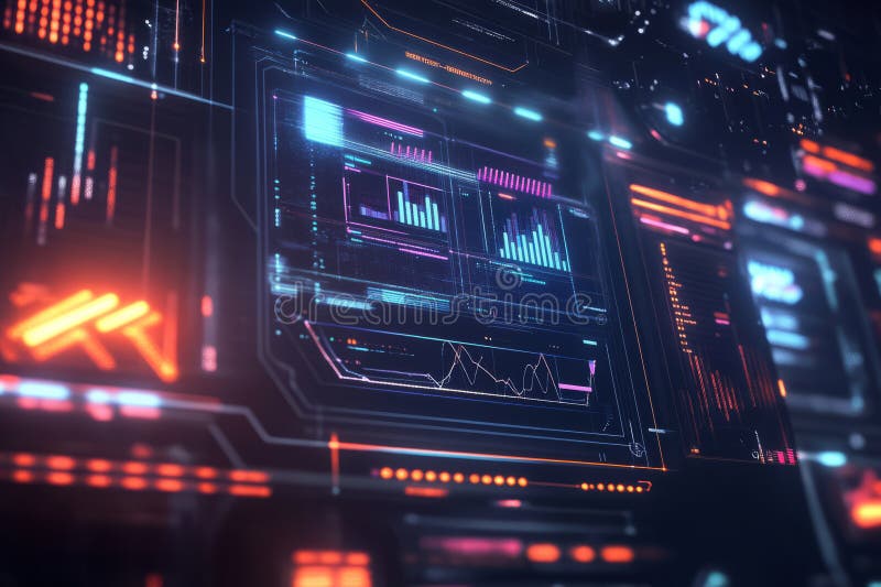 Futuristic floating holographic data panels displaying glowing charts, cyber UI elements, and high-tech digital grids. The sci-fi-inspired abstract background includes neon reflections, AI-driven elements, and interconnected light patterns, representing an advanced cybernetic interface with ultra-HD details. AI generated