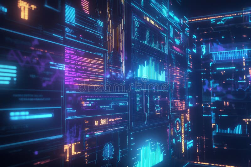 Futuristic floating holographic data panels displaying glowing charts, cyber UI elements, and stock photo