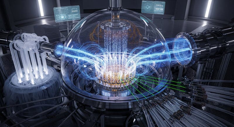 Futuristic fusion reactor with glowing blue plasma streams and advanced scientific technology royalty free illustration