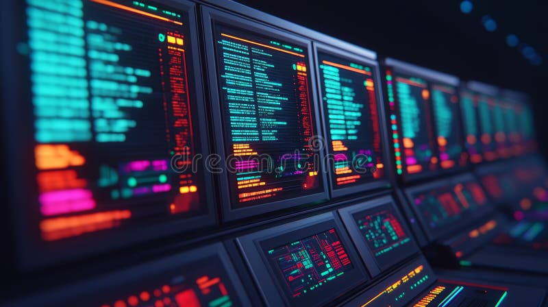 Futuristic Gaming Arena Interface con monitor digitali e pannelli di dati colorati illustrazione vettoriale