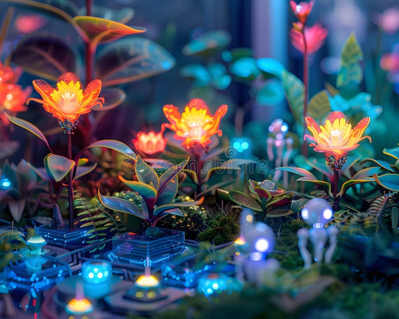 Futuristic Garden with Robotic Glowing Plants stock illustration