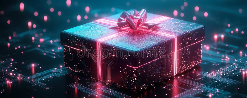 Futuristic Gift Box with Neon Circuit Design for Technology-Themed Celebrations vector illustration