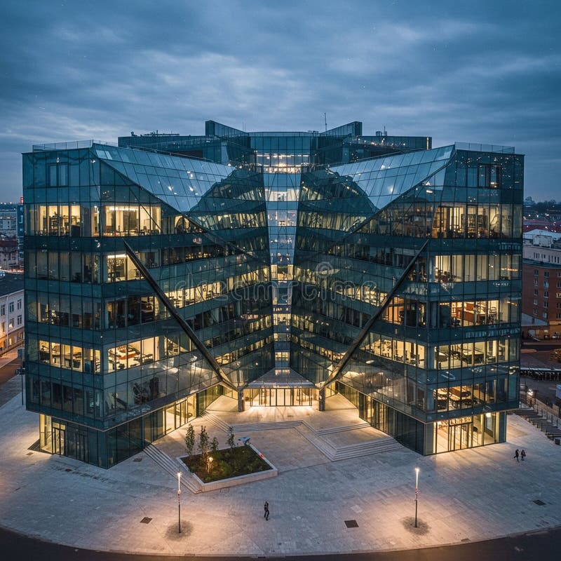 Futuristic glass building with angular architecture illuminated during dusk. The royalty free illustration