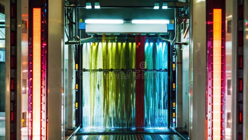 A futuristic glass coating station where thin layers of protective coatings are being applied displaying vibrant colors royalty free stock image