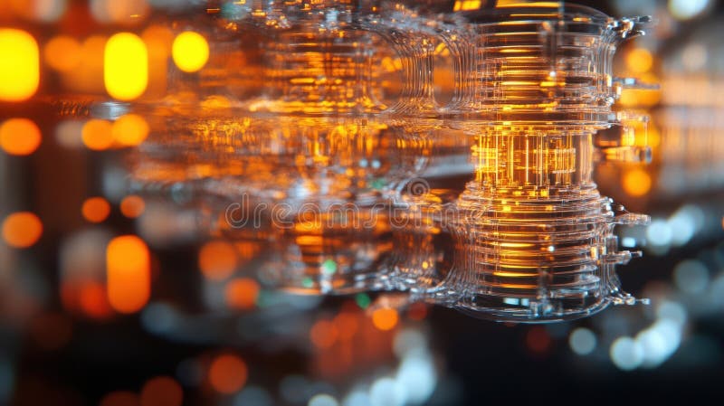 Futuristic glass cylinder reflecting orange lights, a technological marvel royalty free stock images
