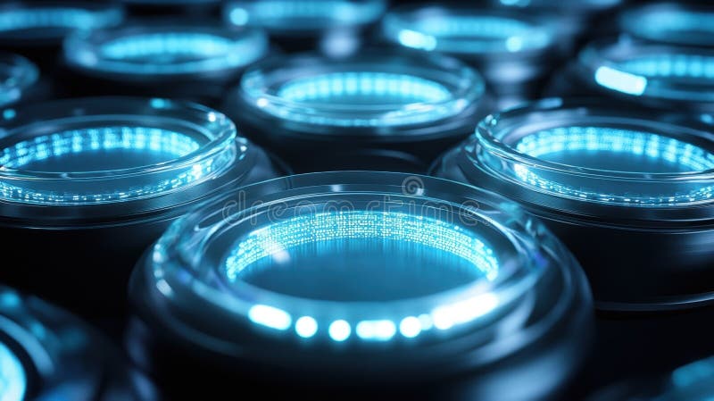 Futuristic glass cylinders protecting digital information flowing through fiber optics cables stock photography