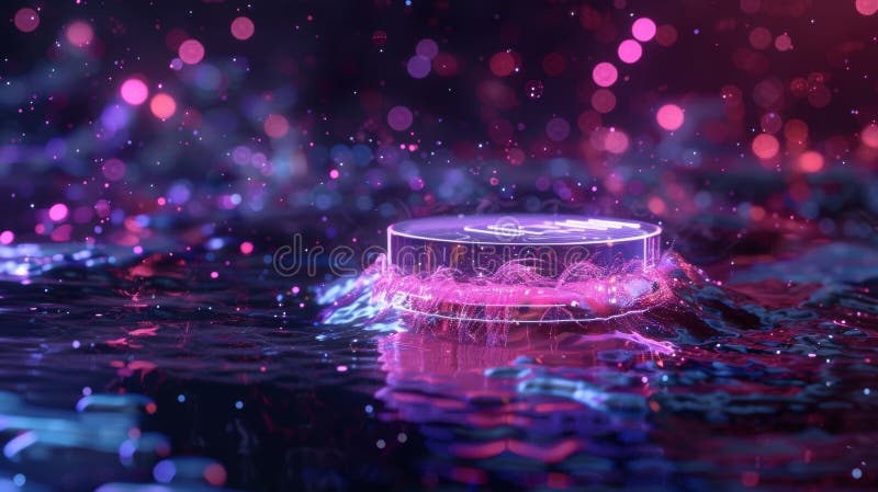 Futuristic glass podium emerging from liquid surface with glowing particles stock image