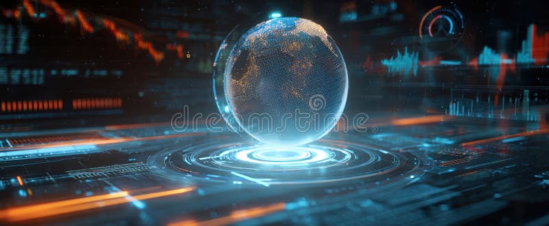 The Futuristic Globe Surrounded by Digital Data and Technology Interfaces image royalty free stock photos.