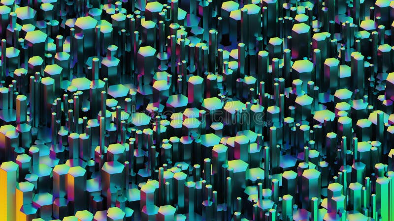 Futuristic glossy iridescent colorful gradient bright hexagonal or honeycomb wallpaper pattern. Technology, future and innovation stock illustration
